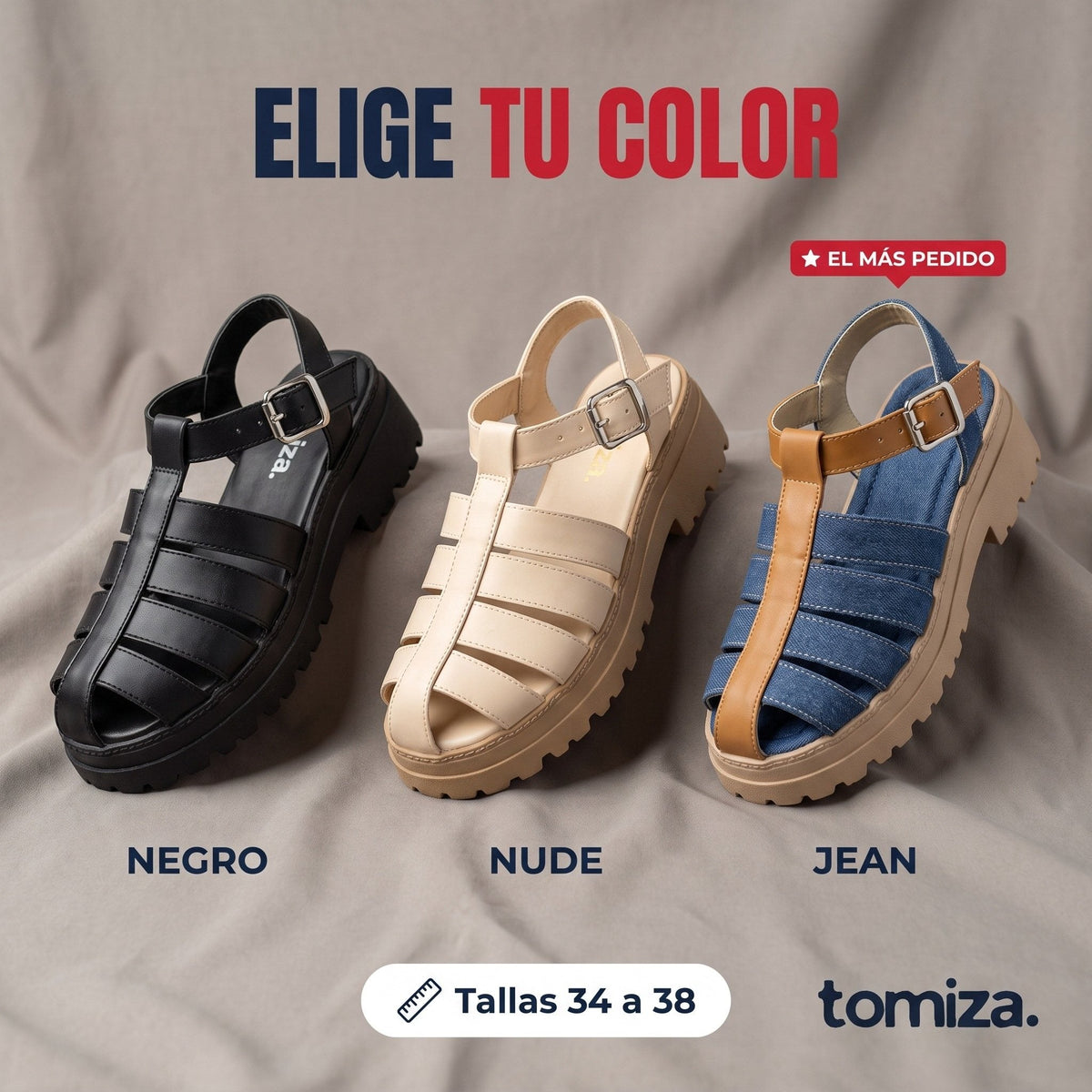Sandalias Jessica en tres colores: negro, nude y jean, tallas 34 a 38