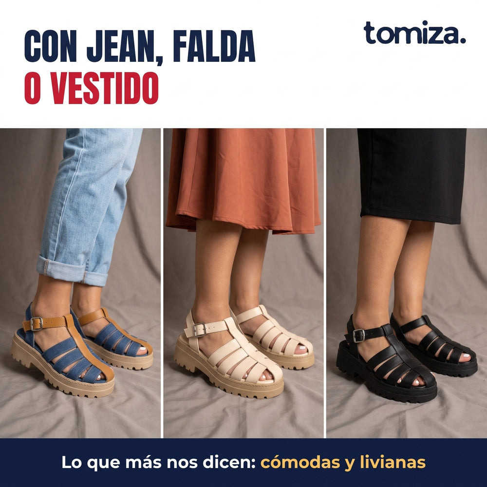 Sandalias Jessica combinadas con jean, falda y vestido