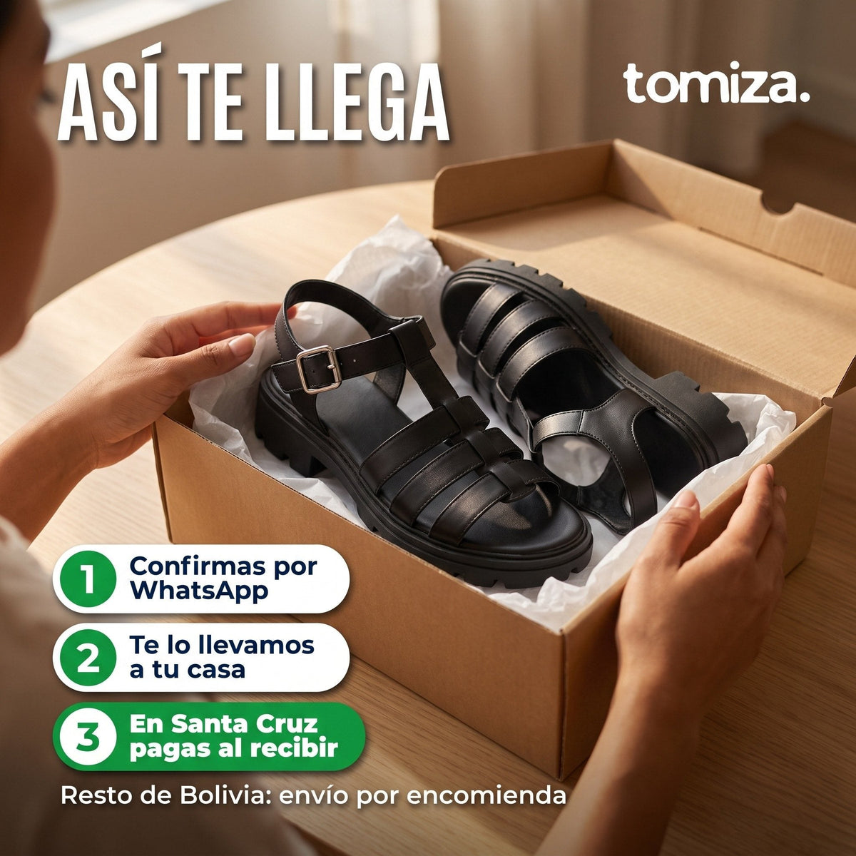 Así llegan las Sandalias Jessica: confirmación por WhatsApp y pago al recibir en Santa Cruz